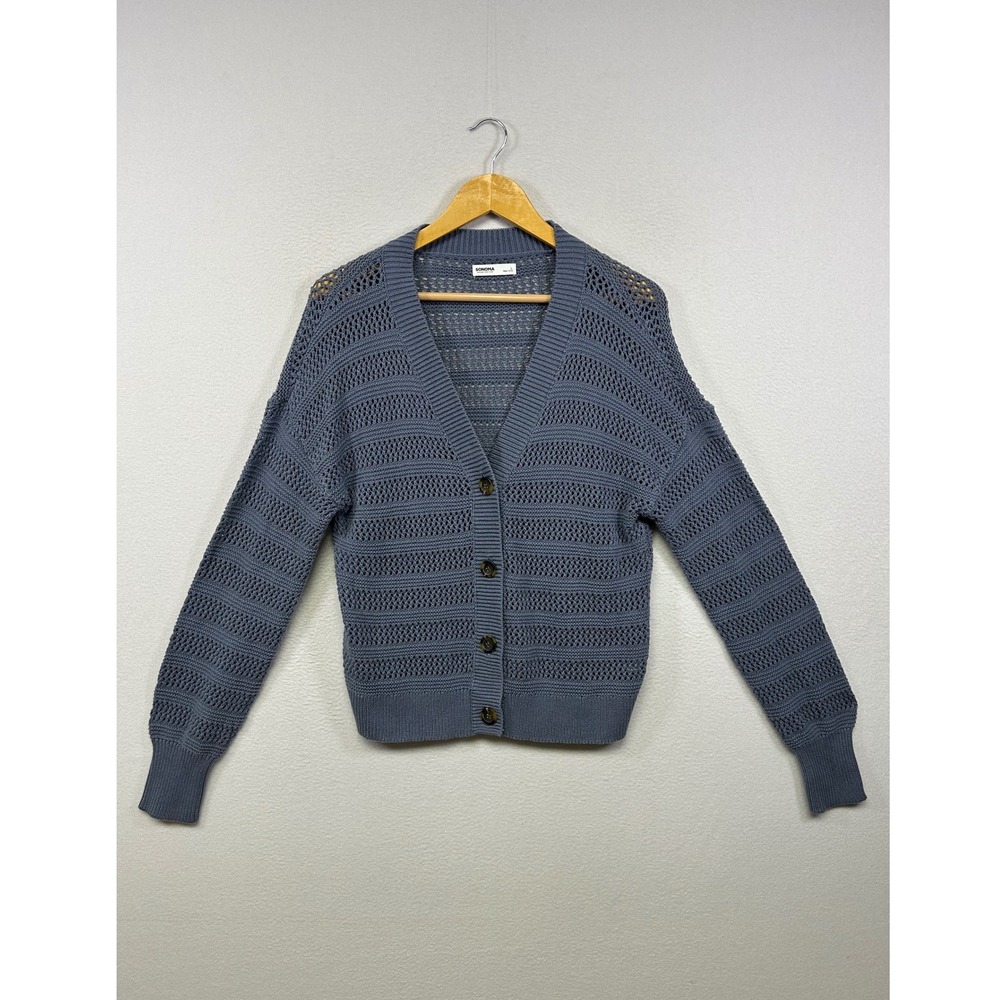 Sonoma Coastal Grandma Boho Womens L Slate Blue Open Knit‎ Cardigan Sweater